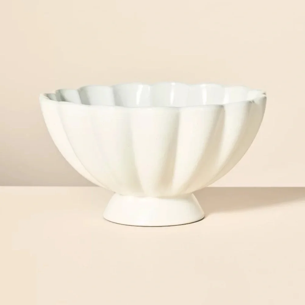 74oz Scalloped Edge Stoneware Pedestal Serving Bowl Cream Hearth & Hand